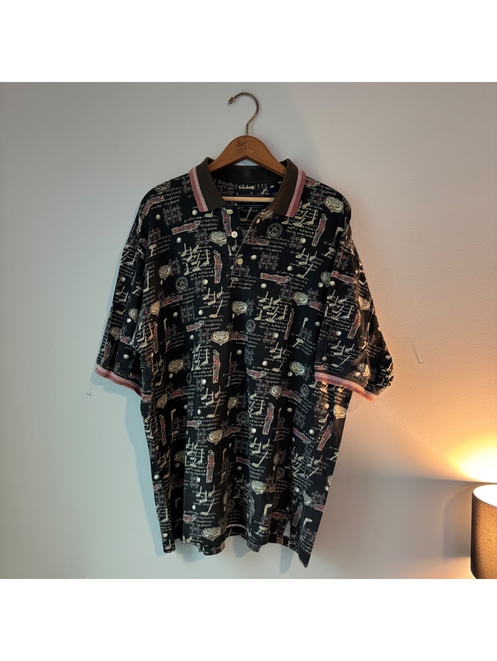 Larry Mize Golf All Over Print Polo Shirt Men's XL Black Vintage Clubs Balls